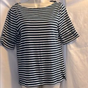 Ralph Lauren Navy and White Striped Women's Cotton Cowl Neck Top Cuffed Sleeves